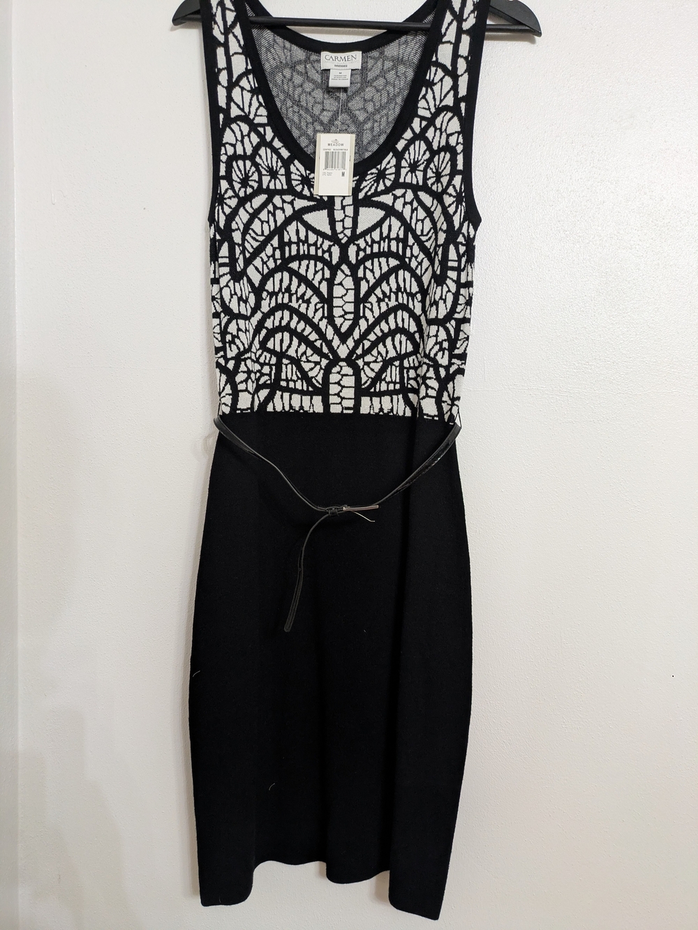 Carmen Marc Valvo Black and White Patterned Knit Sheath Dress